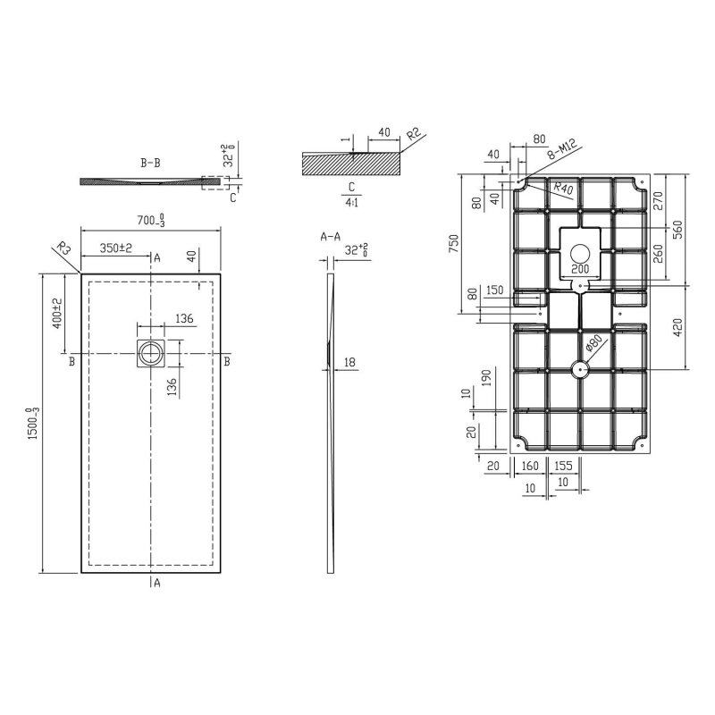 Peoria Beige Slate Effect Rectangle Shower Tray 1500x700mm