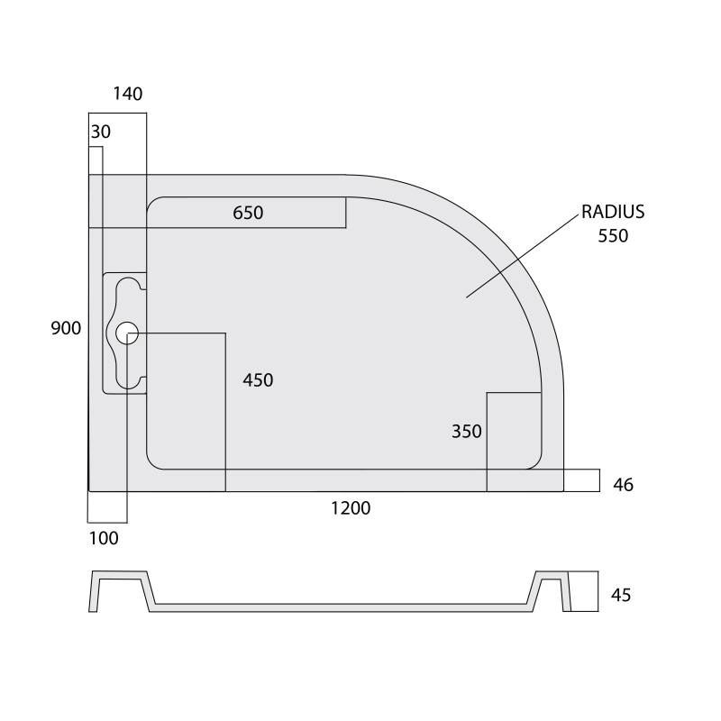 Low Profile Quadrant Hidden Waste Shower Tray Right Hand 1200x900mm