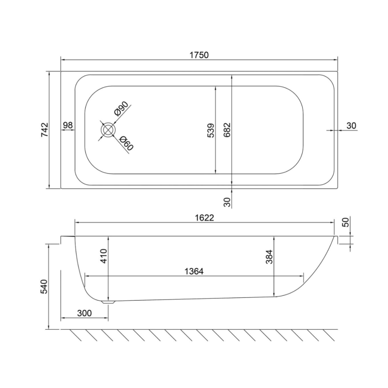 Carron Profile Acrylic Single Ended Bath 1750x750mm