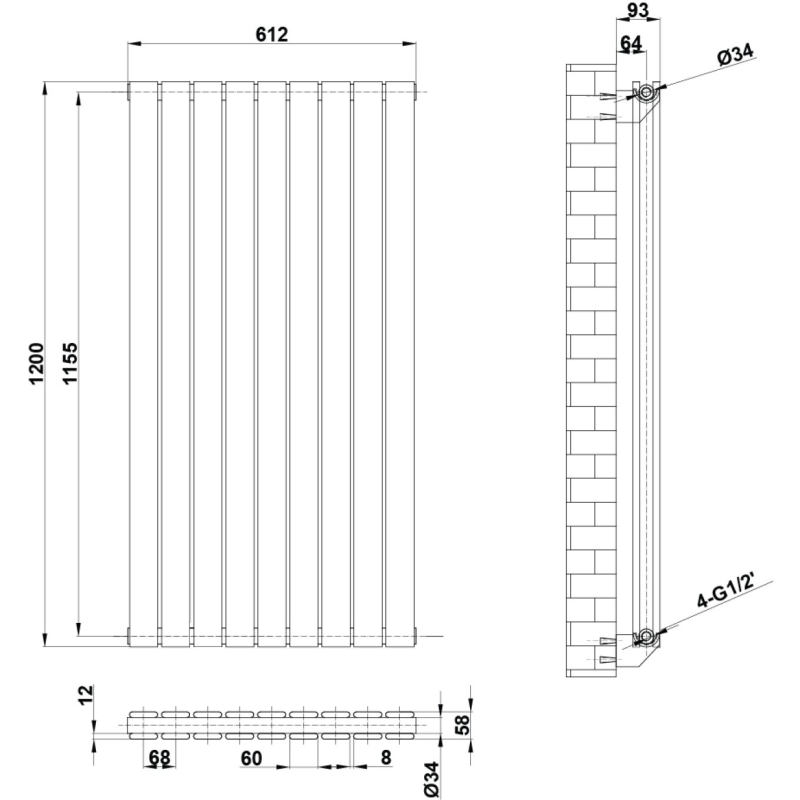 Perth White Double Vertical Flat Panel Radiator 1200x612mm