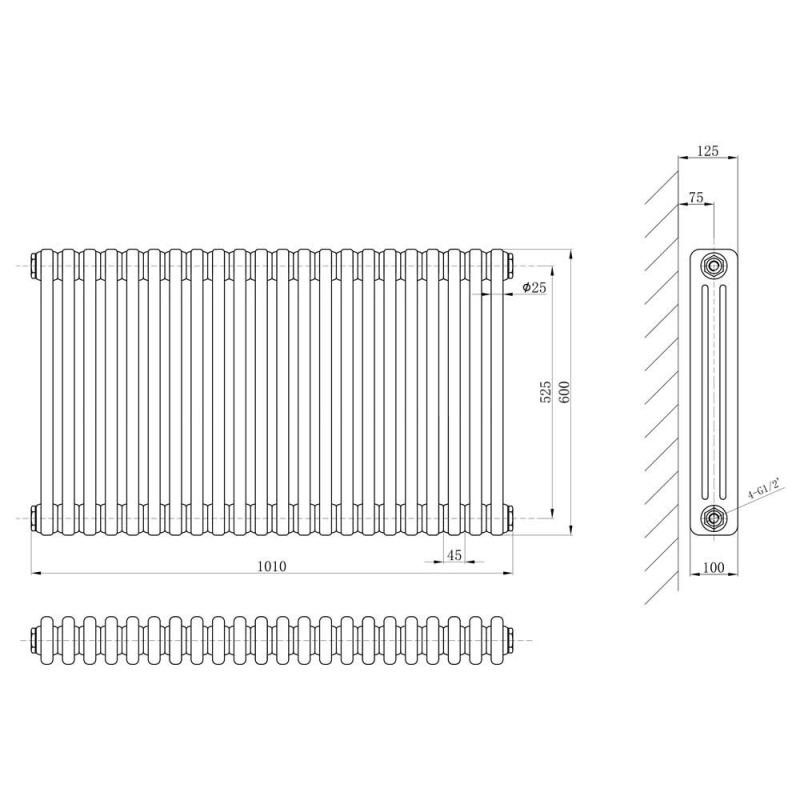 Upton White Triple Horizontal Column Radiator 600x1010mm