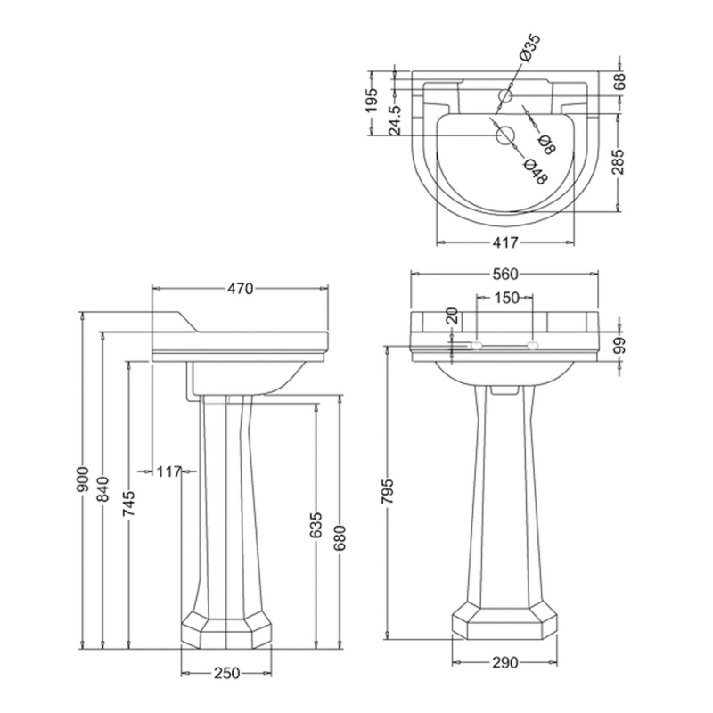 Burlington Edwardian Medium Square 1 Tap Hole Basin & Pedestal with Towel Rail