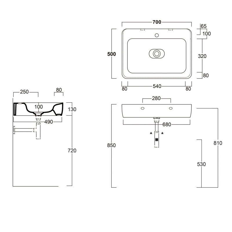 Micheli Matt Black Wall Hung Basin 700mm