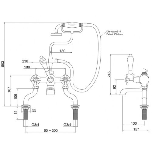 Burlington Claremont Chrome Deck Mounted Bath Shower Mixer Tap with S Adjuster