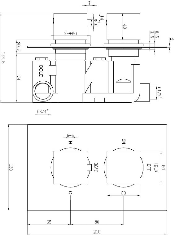 Vade Chrome Double Outlet Round Concealed Shower Valve
