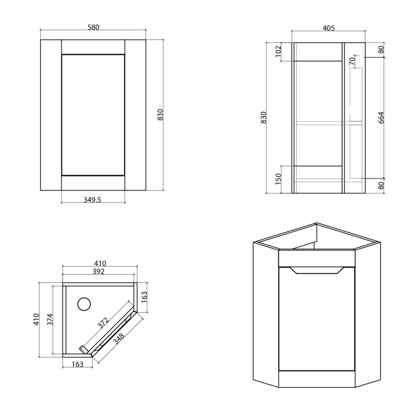 Ellis Black Floor Standing Corner Vanity Unit 410mm