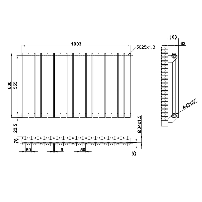 Islington White Double Horizontal Radiator 600x1000mm