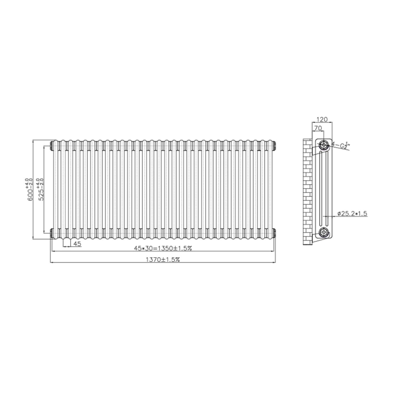 Clement Raw Metal Triple Horizontal Column Radiator 600x1370mm