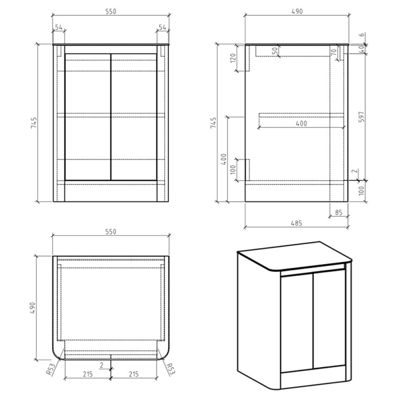 Callerton Titanium Grey Floor Standing Vanity Unit with White Marble Worktop 550mm