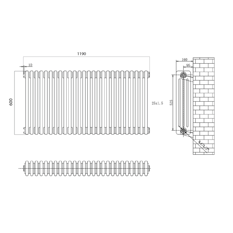 Upton Grey Quadruple Horizontal Column Radiator 600x1190mm