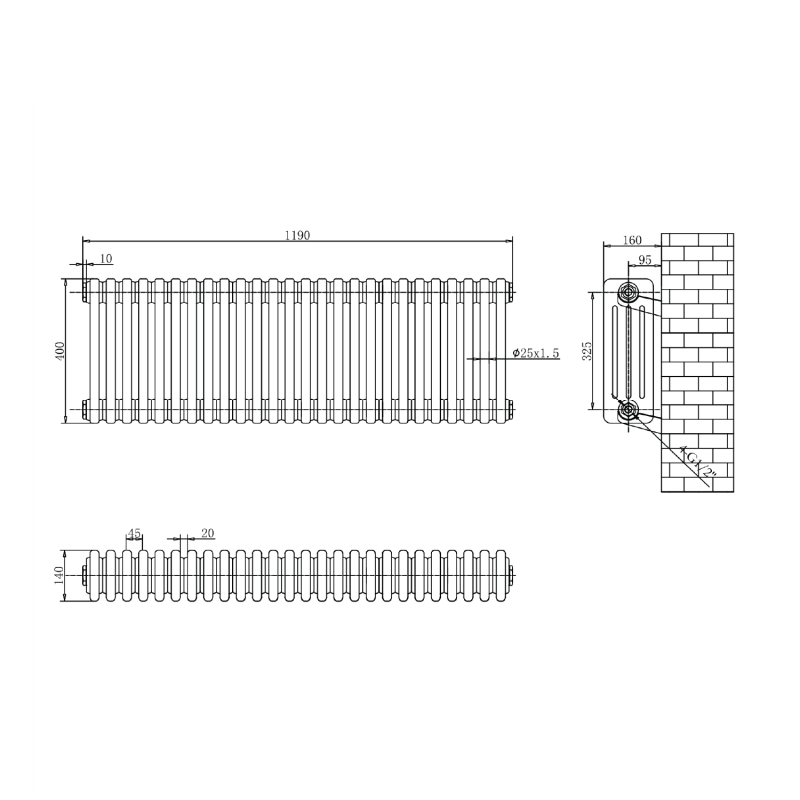 Upton Grey Quadruple Horizontal Column Radiator 400x1190mm