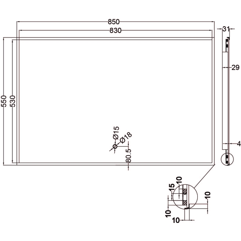 Rione Black Rectangular Backlit LED Heated Mirror 850x550mm