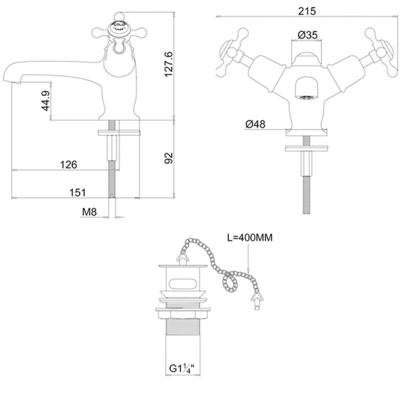 Burlington Claremont Chrome Basin Mixer Tap with Plug & Chain Waste
