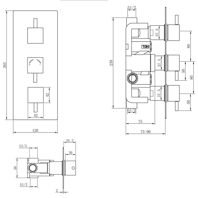 Vade Chrome Double Outlet Square Concealed Shower Valve