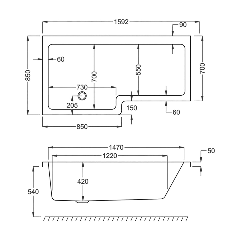 Carron Quantum Left Handed Carronite Shower Bath 1600x700mm