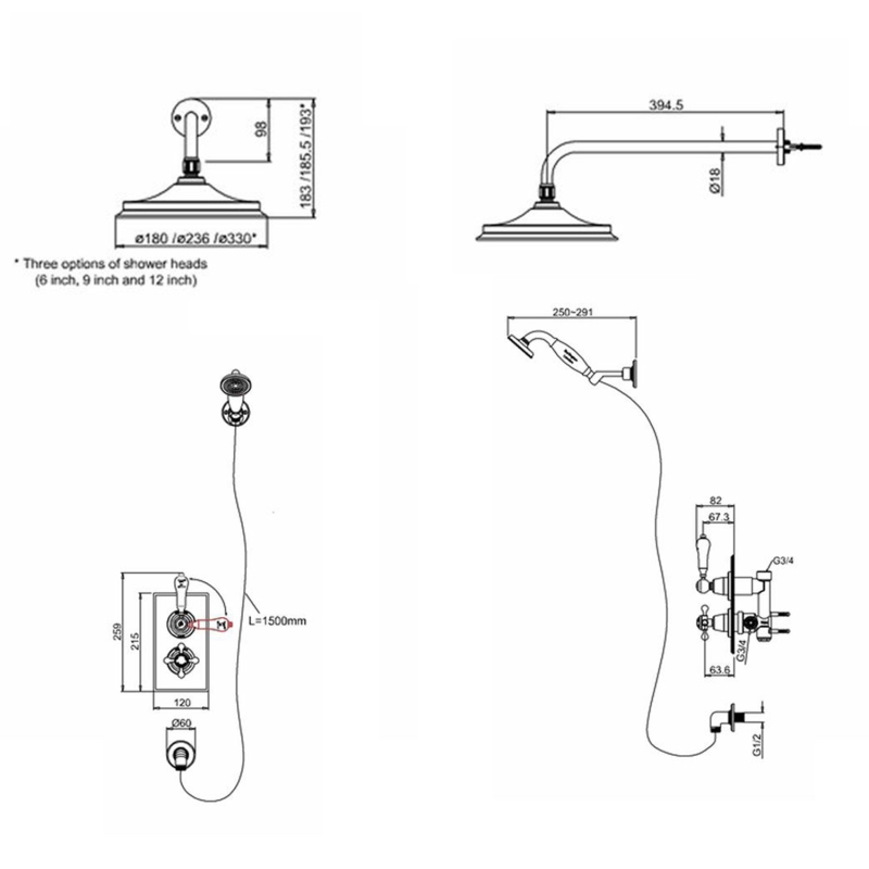 Burlington Trent Chrome Thermostatic Dual Outlet Concealed Shower Valve, Hose & Handset Pack