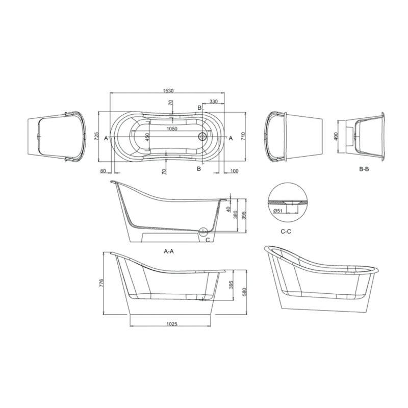 Burlington Emperor Traditional Slipper Bath 1530x730mm
