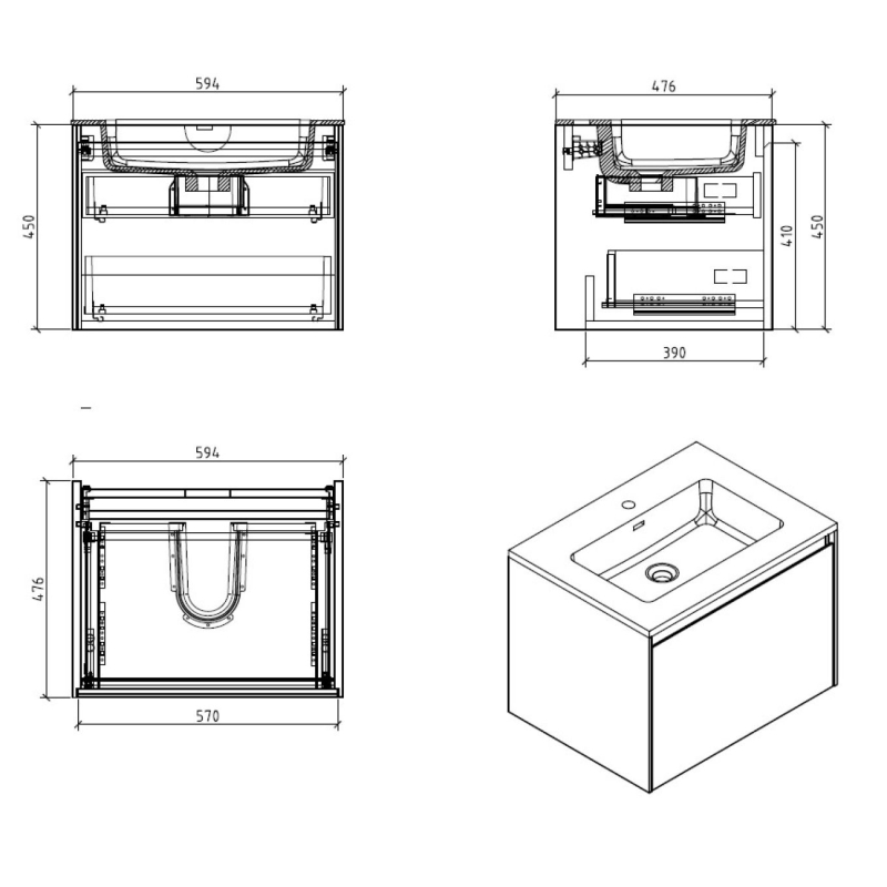 Odion Metallic Wall Hung Vanity Unit with Black Basin 600mm