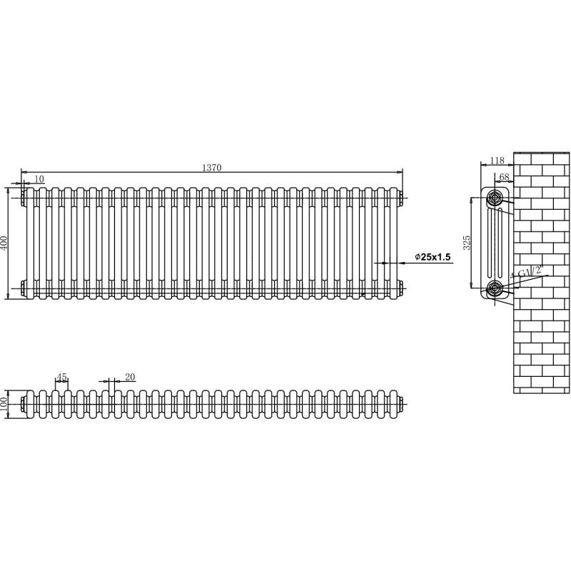 Upton White Triple Horizontal Column Radiator 400x1370mm