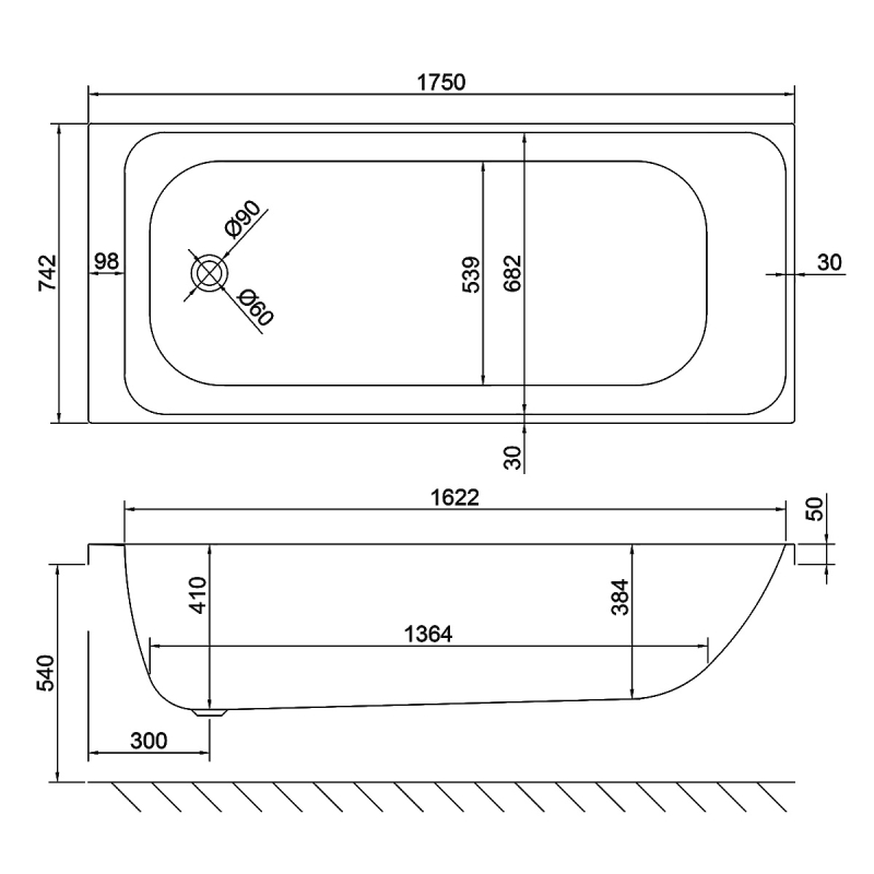 Carron Profile Single Ended Carronite Bath 1750x750mm