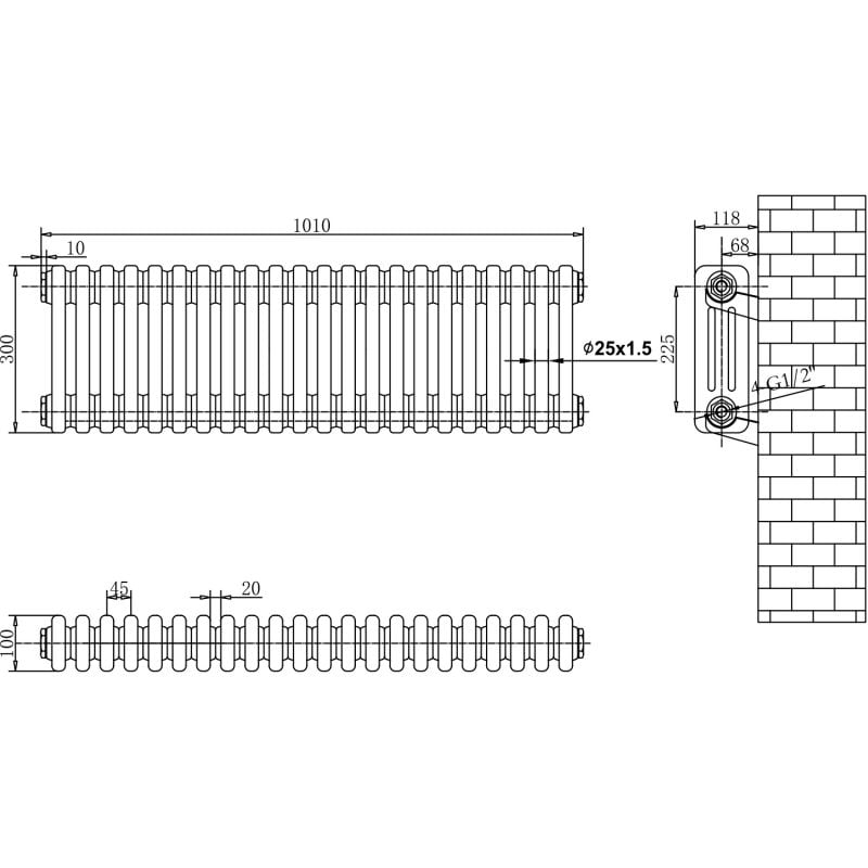 Upton Grey Triple Horizontal Column Radiator 300x1010mm
