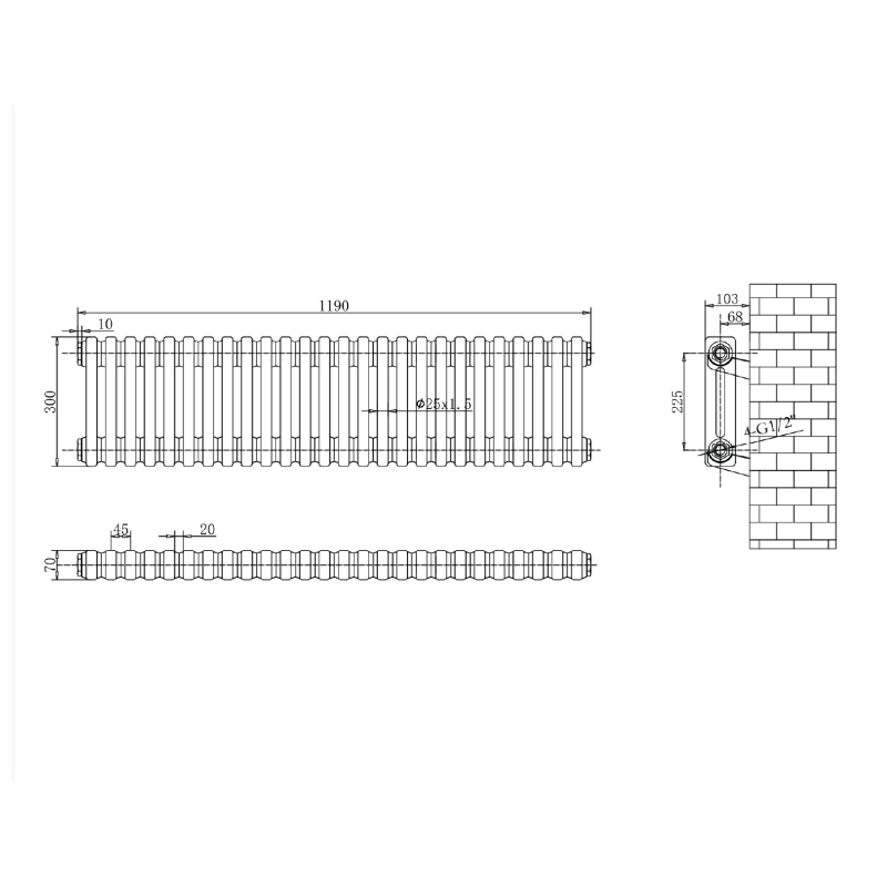 Upton White Double Horizontal Column Radiator 300x1190mm