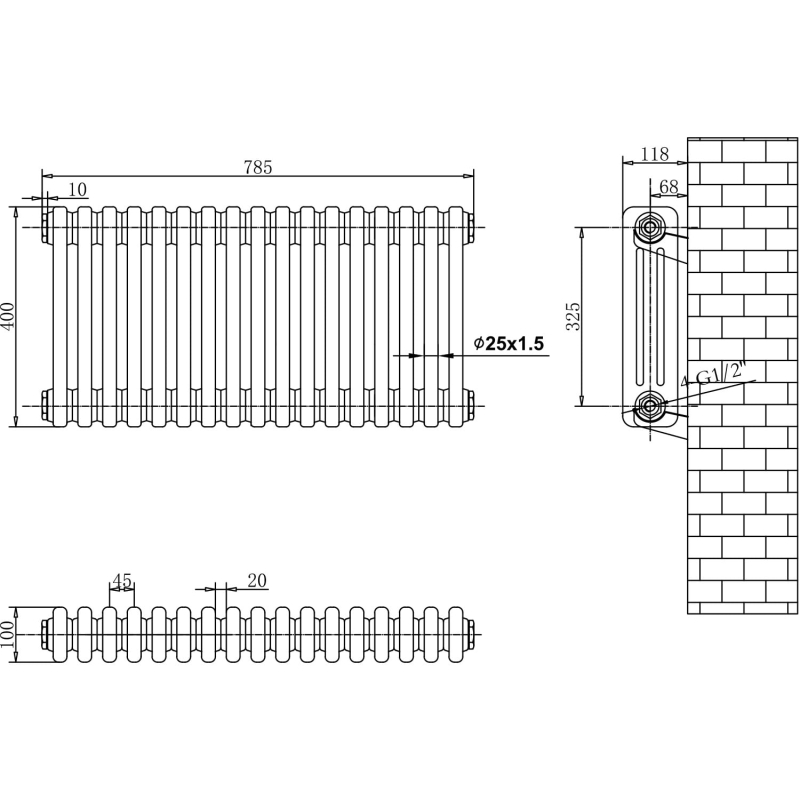 Upton White Quadruple Horizontal Column Radiator 400x785mm