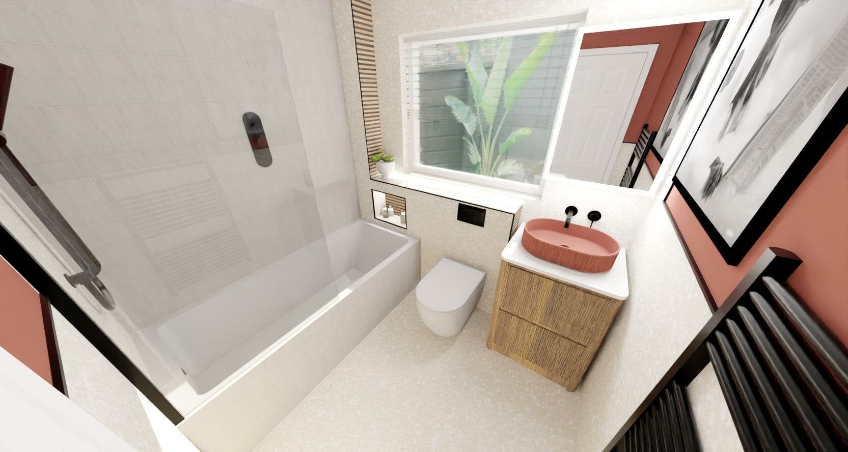 Alternative 3D view of the compact bathroom featuring the vanity area, terracotta basin and black bathroom details.