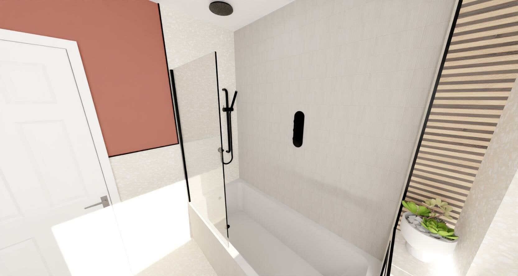 3D bathroom design showing a walk-in shower with black fittings and warm neutral finishes.