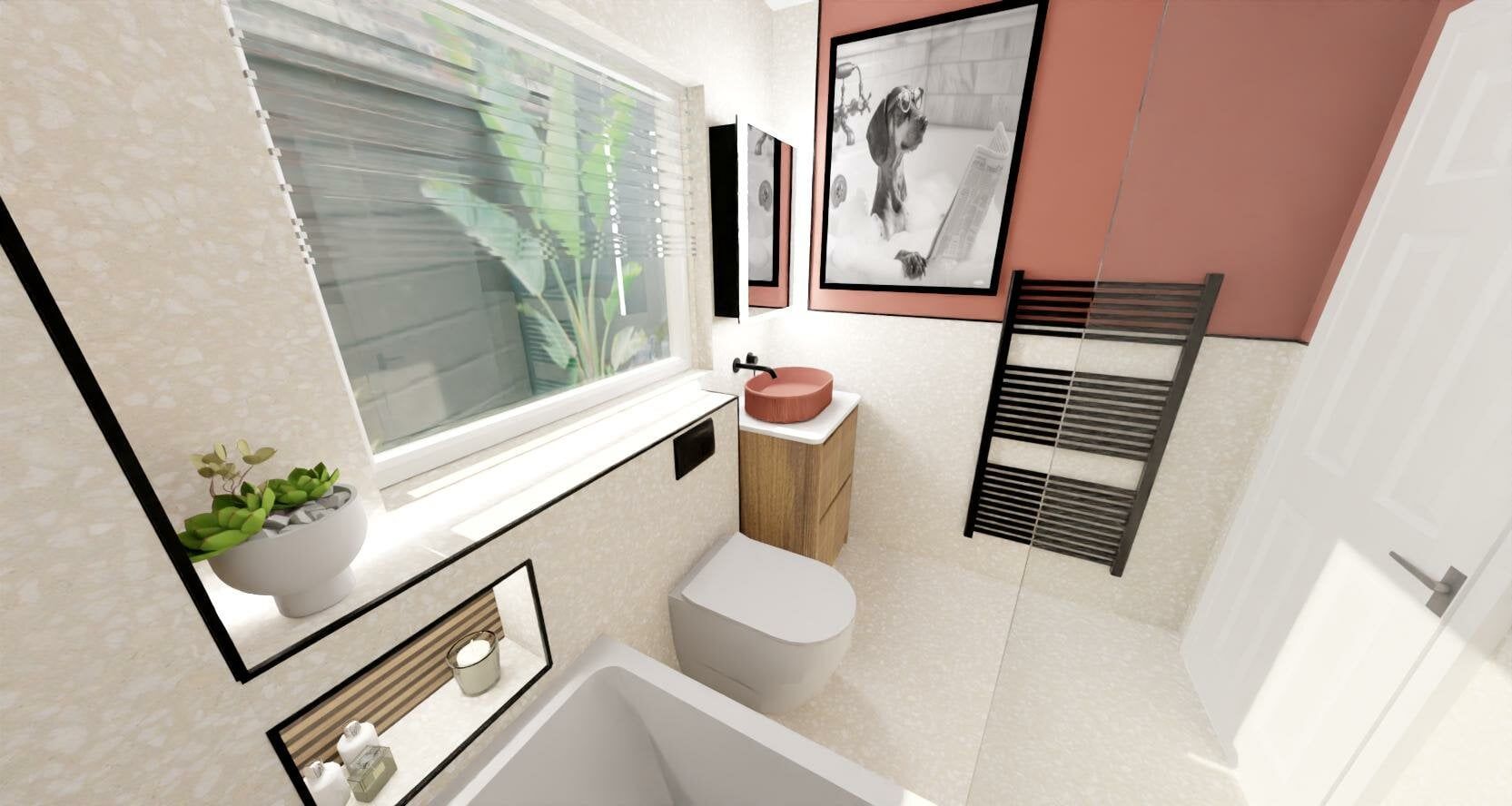 3D bathroom design by Easy Bathrooms Bracknell featuring a compact layout, terracotta basin, warm wood furniture and black accents.