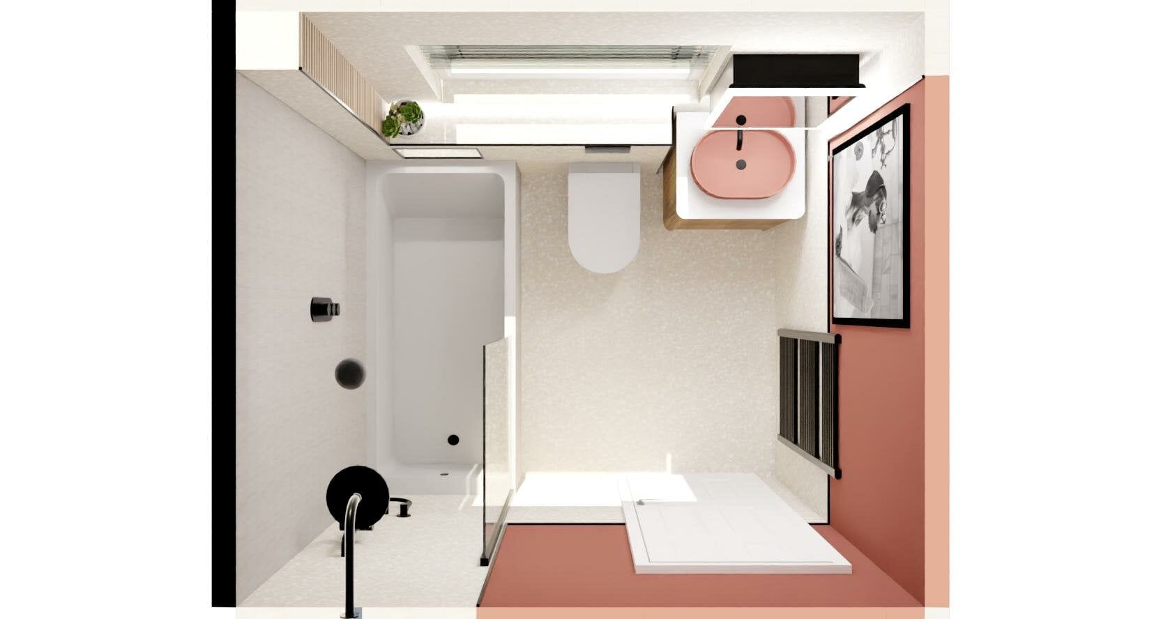 3D bathroom design by Easy Bathrooms Bracknell featuring a compact layout, terracotta basin, warm wood furniture and black accents.