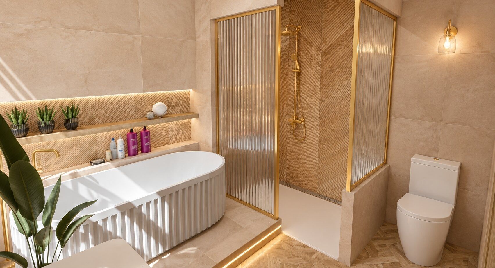 3D bathroom render showing a ribbed stone bath, WC and warm stone-effect wall tiles.
