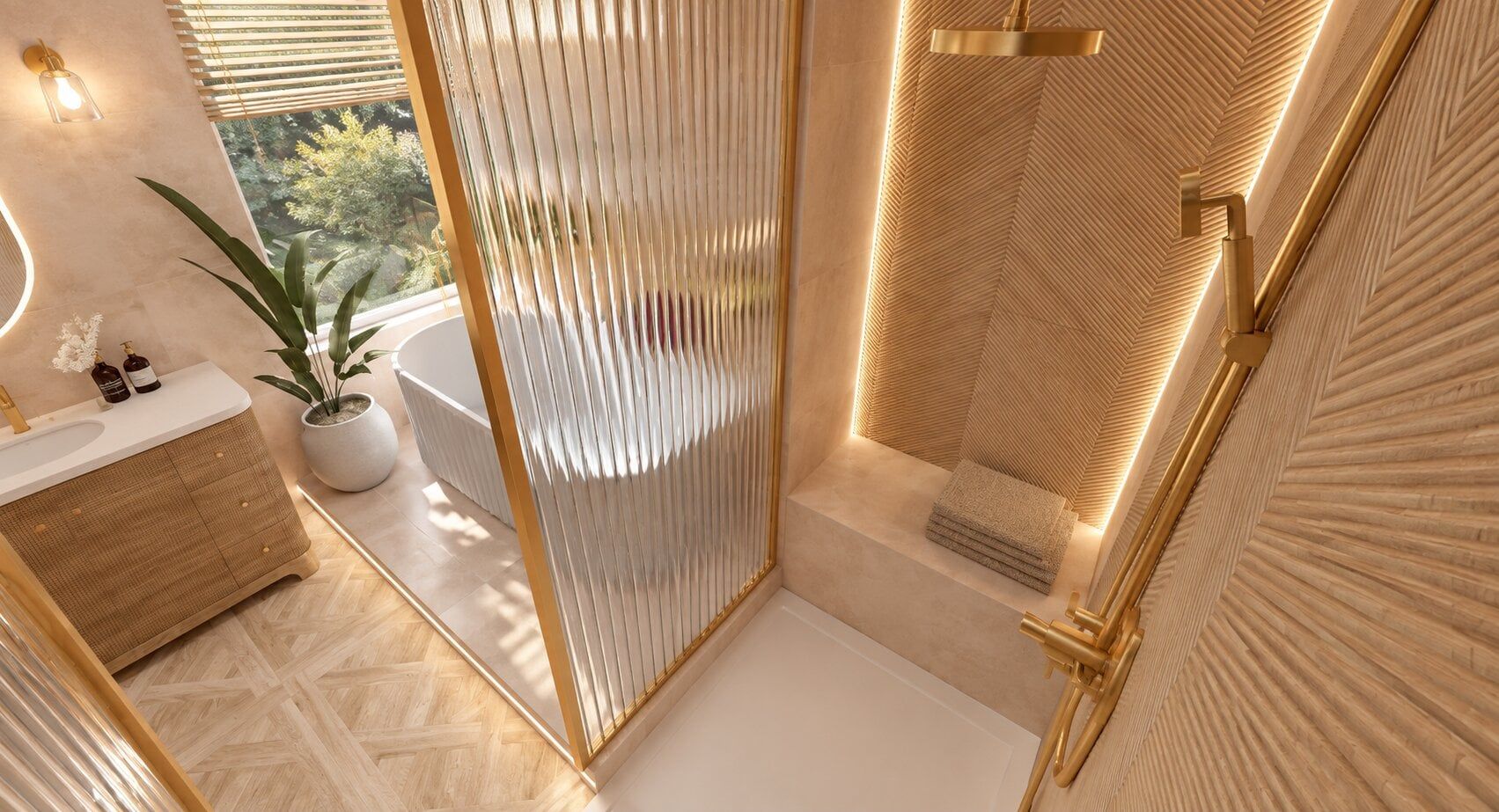 3D view of the bathroom layout with a glass screen and warm neutral tile finishes.
