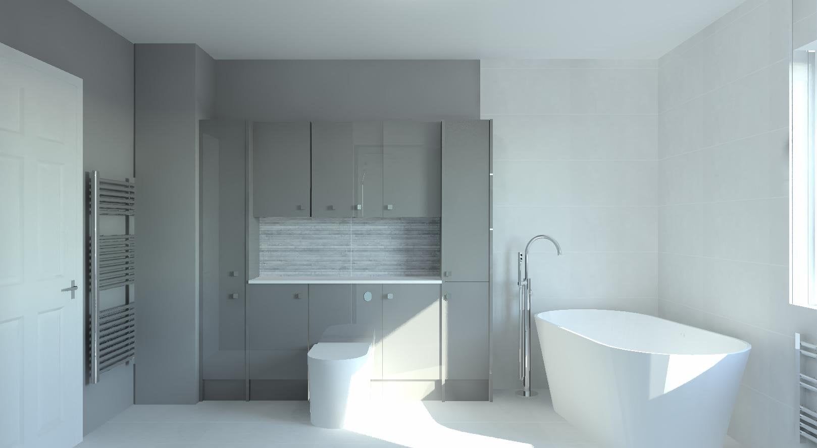 3D bathroom design with a freestanding bath, WC unit, tall storage cabinets and chrome towel radiator in a modern grey finish