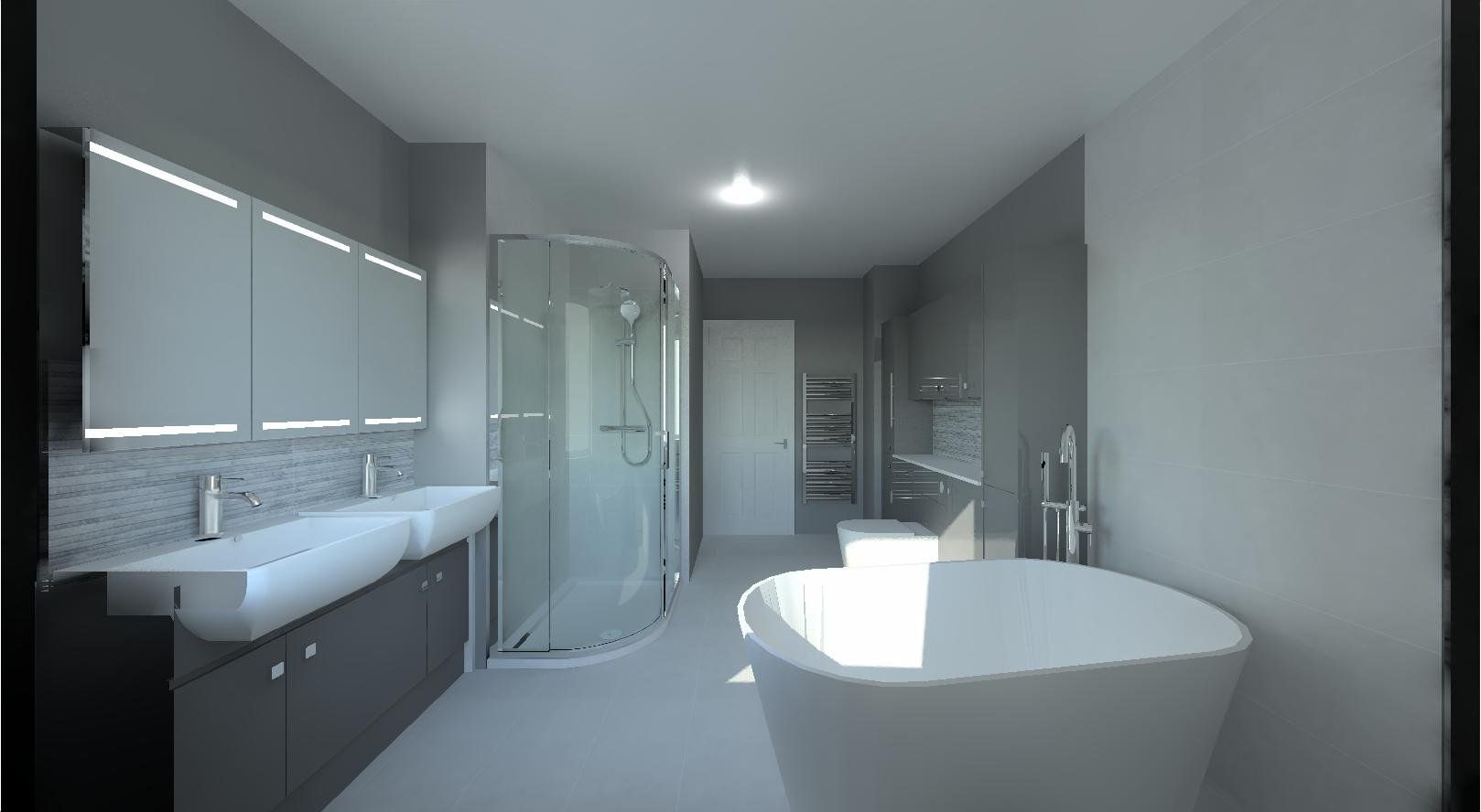 3D bathroom design showing a double vanity, curved shower enclosure, freestanding bath and coordinated grey bathroom furniture.