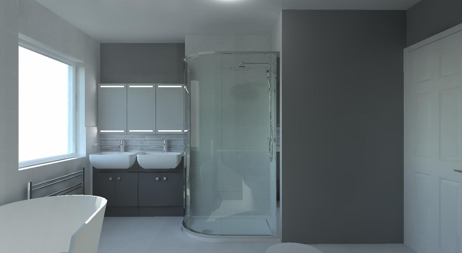 3D bathroom design featuring a curved shower enclosure, double vanity unit, illuminated mirrors and a freestanding bath in a grey colour scheme