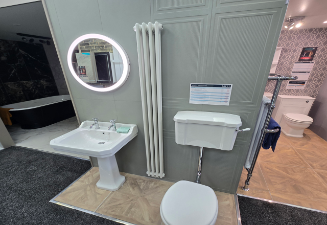 Easy Bathrooms & Tiles Showroom Newbury display stand featuring a modern bathroom suite