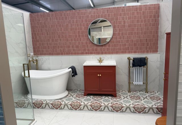 Red traditional bathroom display at Easy Bathrooms Lewisham