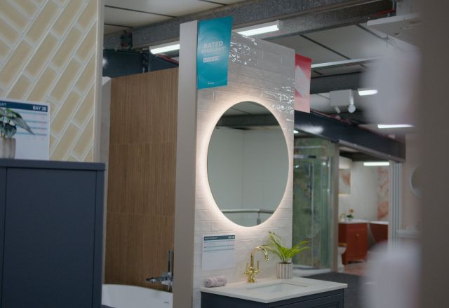 Bathroom furniture display featuring warm LED lit mirror and yellow tiles