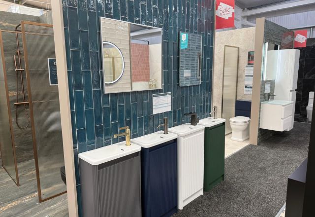 Colourful vanity unit displays at Easy Bathrooms Lewisham