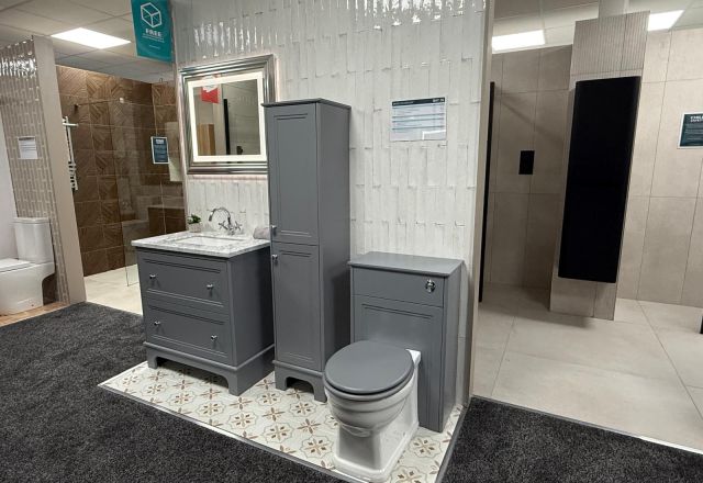 Grey traditional bathroom furniture display in the Lewisham showroom