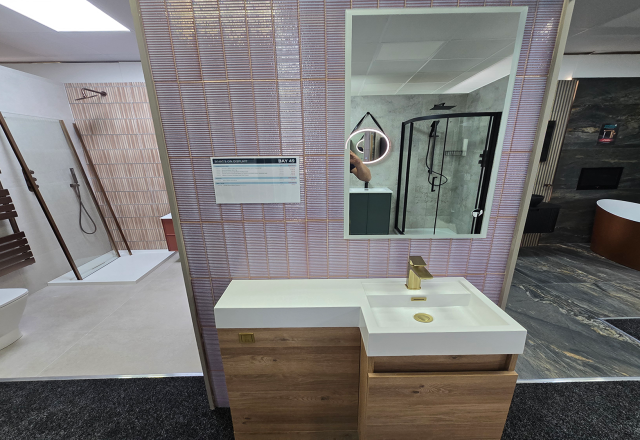 Easy Bathrooms & Tiles Showroom Newbury display stand featuring a modern bathroom suite