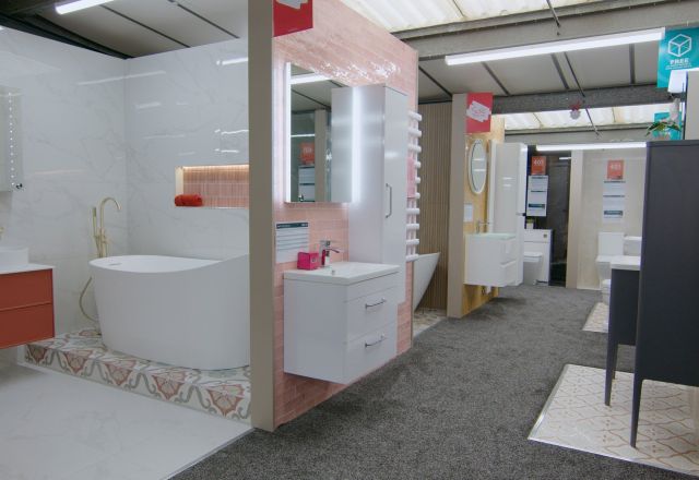 Bathroom furniture showroom display at Easy Bathrooms & Tiles Newcastle Airport