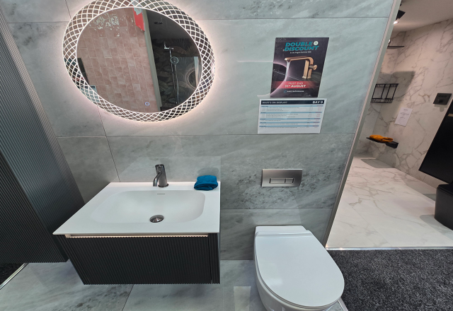 Easy Bathrooms & Tiles Showroom Newbury display stand featuring a modern bathroom suite with an LED mirror