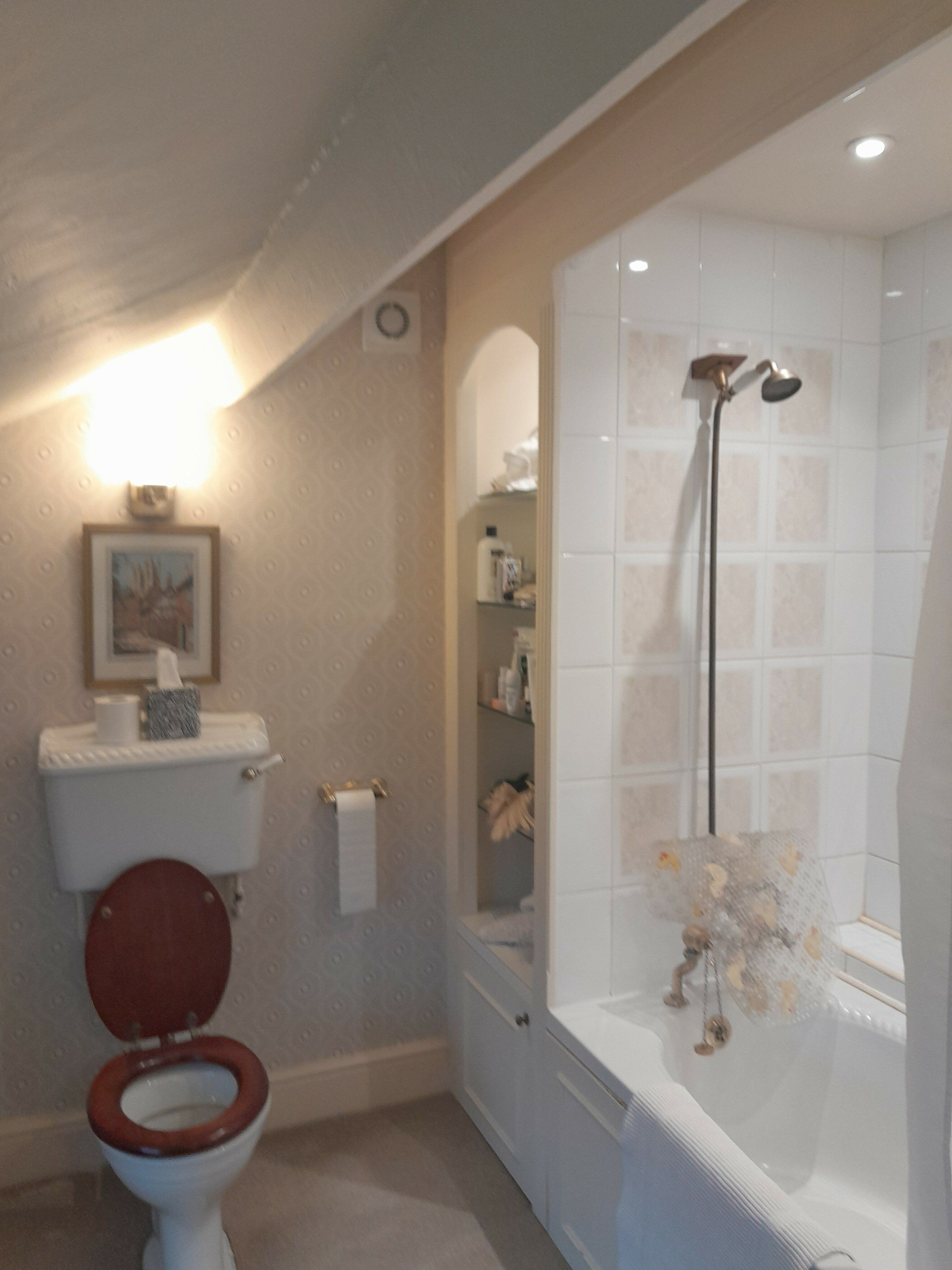 Customer bathroom before renovation, with a shower over the bath and WC.