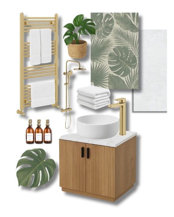 Bathroom mood board at Easy Bathrooms High Wycombe featuring an oak-effect vanity, brushed gold brassware, countertop basin, neutral finishes and botanical accessories.