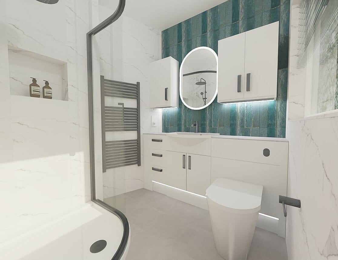 3D bathroom design from Easy Bathrooms Chichester showing white furniture, dark green feature tiles and black brassware.