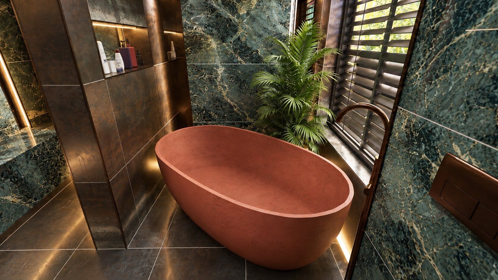 Brava Terracotta freestanding bath surrounded by rich green tiles and planting in a Leicester 3D bathroom design.