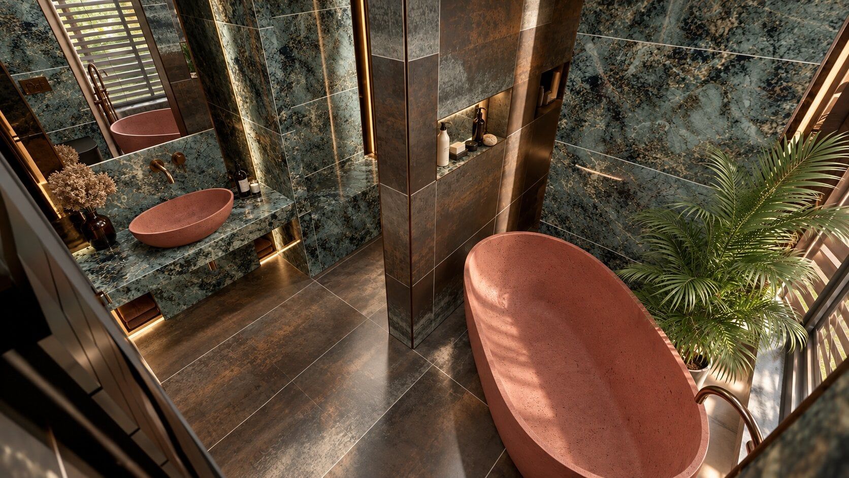 3D bathroom design featuring a Brava Terracotta bowl, Jade Green wall tiles and brushed bronze brassware.