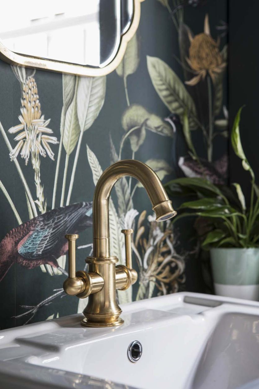 Rainford antique gold basin mixer tap fitted to a traditional Claydon semi recessed white basin.